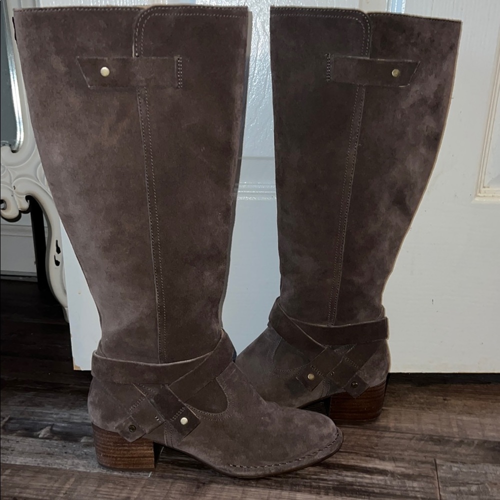 UGG Bandara Mysterious Suede Stacked Heel Riding Zip Tall Boots Size 7.5 Womens